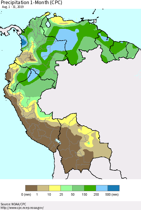 Northern South America Precipitation 1-Month (CPC) Thematic Map For 8/1/2019 - 8/31/2019