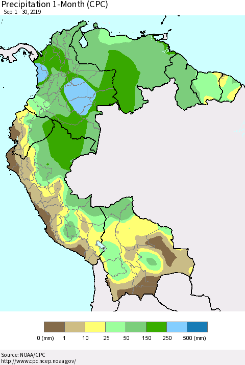 Northern South America Precipitation 1-Month (CPC) Thematic Map For 9/1/2019 - 9/30/2019