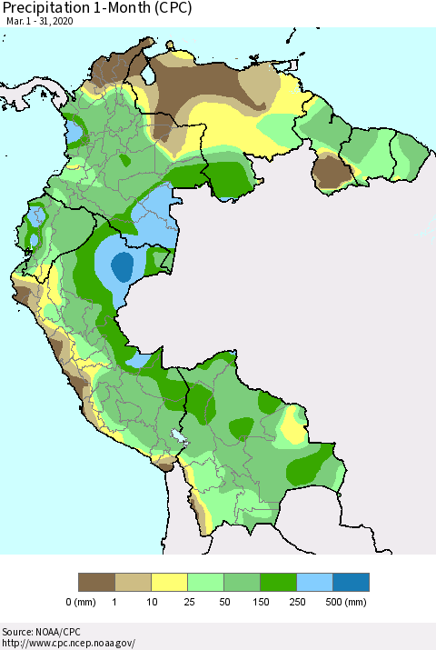 Northern South America Precipitation 1-Month (CPC) Thematic Map For 3/1/2020 - 3/31/2020