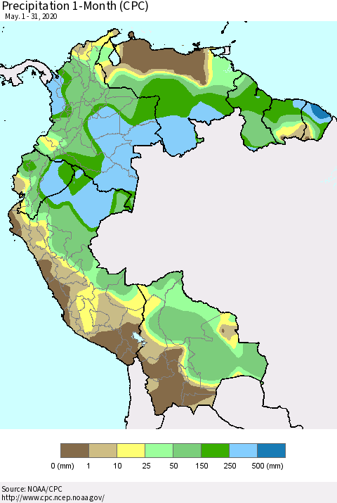 Northern South America Precipitation 1-Month (CPC) Thematic Map For 5/1/2020 - 5/31/2020