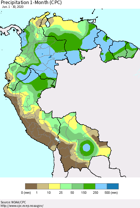 Northern South America Precipitation 1-Month (CPC) Thematic Map For 6/1/2020 - 6/30/2020