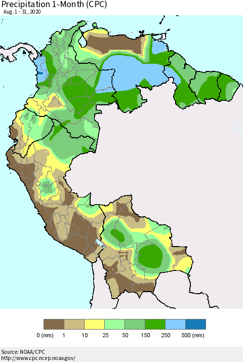 Northern South America Precipitation 1-Month (CPC) Thematic Map For 8/1/2020 - 8/31/2020