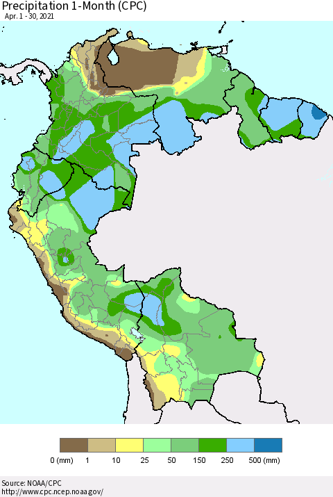 Northern South America Precipitation 1-Month (CPC) Thematic Map For 4/1/2021 - 4/30/2021