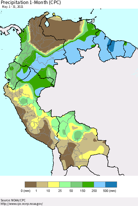 Northern South America Precipitation 1-Month (CPC) Thematic Map For 5/1/2021 - 5/31/2021
