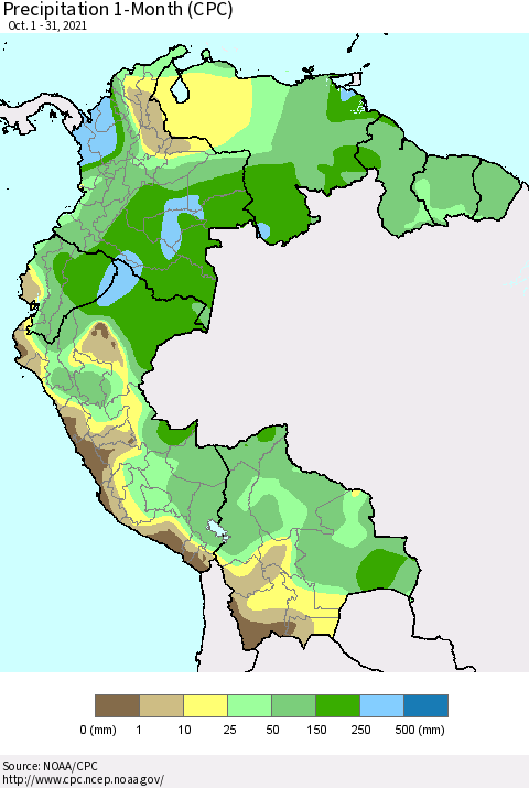 Northern South America Precipitation 1-Month (CPC) Thematic Map For 10/1/2021 - 10/31/2021