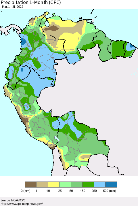 Northern South America Precipitation 1-Month (CPC) Thematic Map For 3/1/2022 - 3/31/2022