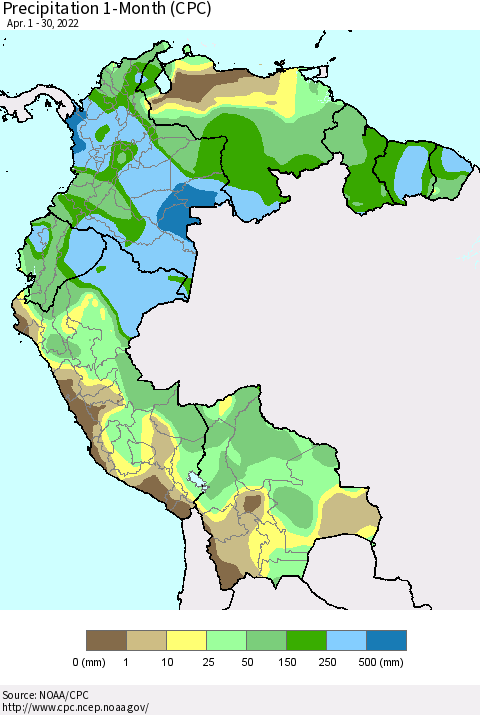 Northern South America Precipitation 1-Month (CPC) Thematic Map For 4/1/2022 - 4/30/2022