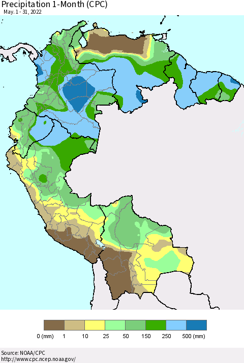 Northern South America Precipitation 1-Month (CPC) Thematic Map For 5/1/2022 - 5/31/2022