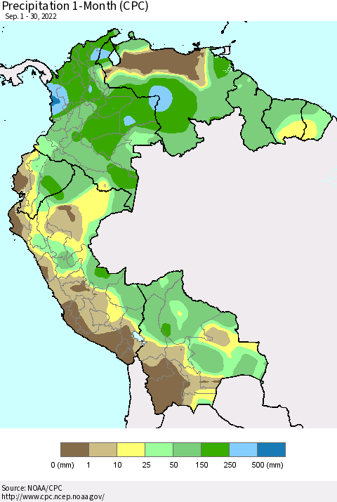 Northern South America Precipitation 1-Month (CPC) Thematic Map For 9/1/2022 - 9/30/2022
