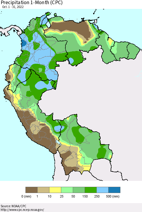 Northern South America Precipitation 1-Month (CPC) Thematic Map For 10/1/2022 - 10/31/2022