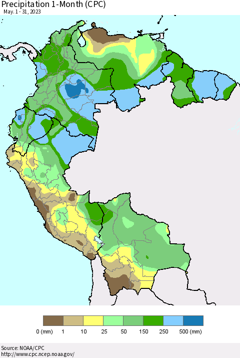 Northern South America Precipitation 1-Month (CPC) Thematic Map For 5/1/2023 - 5/31/2023