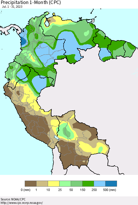 Northern South America Precipitation 1-Month (CPC) Thematic Map For 7/1/2023 - 7/31/2023