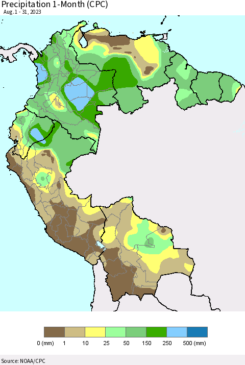 Northern South America Precipitation 1-Month (CPC) Thematic Map For 8/1/2023 - 8/31/2023