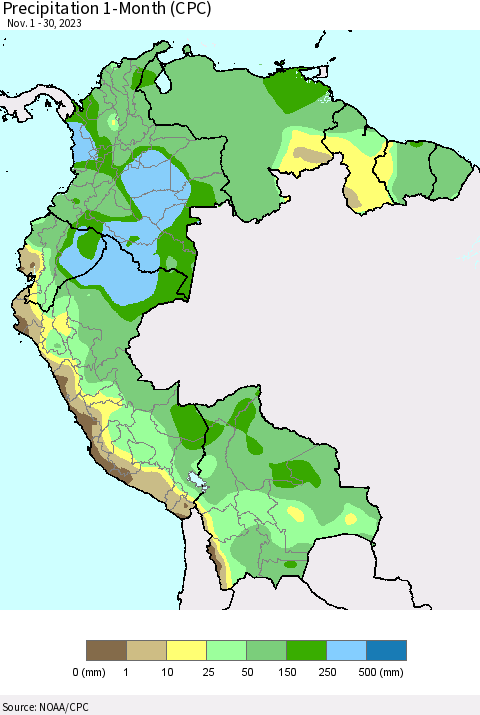 Northern South America Precipitation 1-Month (CPC) Thematic Map For 11/1/2023 - 11/30/2023