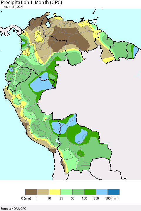 Northern South America Precipitation 1-Month (CPC) Thematic Map For 1/1/2024 - 1/31/2024