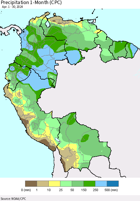 Northern South America Precipitation 1-Month (CPC) Thematic Map For 4/1/2024 - 4/30/2024
