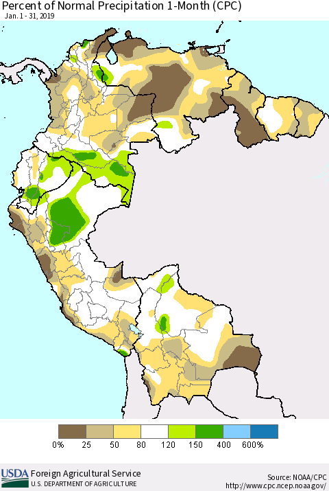Northern South America Percent of Normal Precipitation 1-Month (CPC) Thematic Map For 1/1/2019 - 1/31/2019