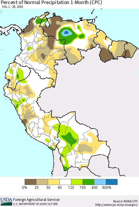 Northern South America Percent of Normal Precipitation 1-Month (CPC) Thematic Map For 2/1/2019 - 2/28/2019