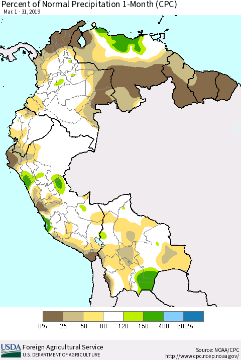 Northern South America Percent of Normal Precipitation 1-Month (CPC) Thematic Map For 3/1/2019 - 3/31/2019
