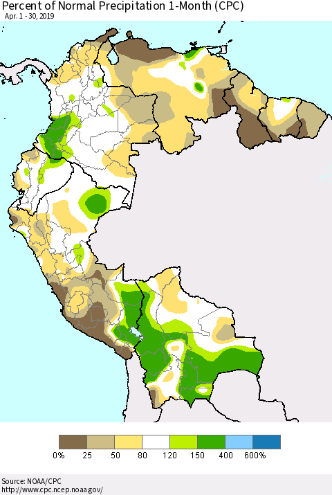 Northern South America Percent of Normal Precipitation 1-Month (CPC) Thematic Map For 4/1/2019 - 4/30/2019