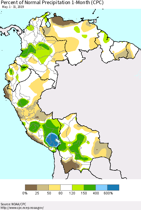 Northern South America Percent of Normal Precipitation 1-Month (CPC) Thematic Map For 5/1/2019 - 5/31/2019