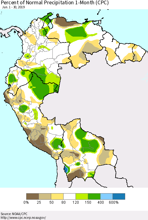 Northern South America Percent of Normal Precipitation 1-Month (CPC) Thematic Map For 6/1/2019 - 6/30/2019