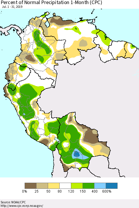 Northern South America Percent of Normal Precipitation 1-Month (CPC) Thematic Map For 7/1/2019 - 7/31/2019