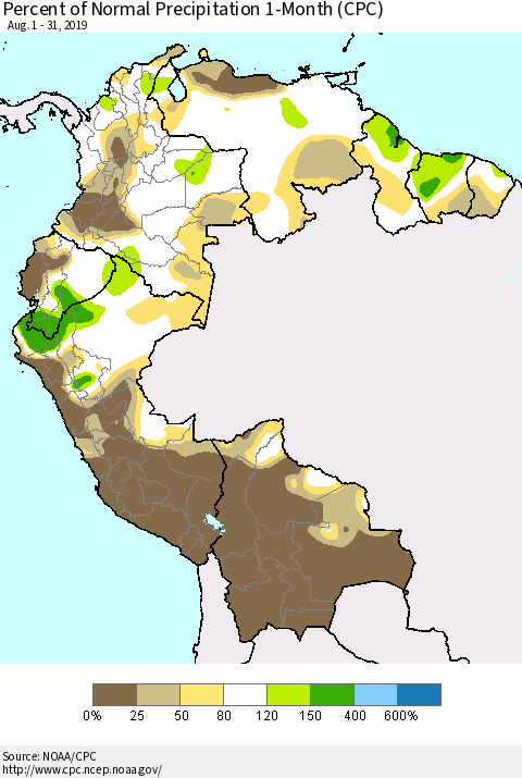 Northern South America Percent of Normal Precipitation 1-Month (CPC) Thematic Map For 8/1/2019 - 8/31/2019