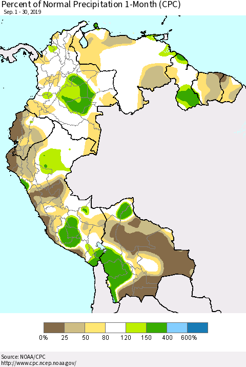 Northern South America Percent of Normal Precipitation 1-Month (CPC) Thematic Map For 9/1/2019 - 9/30/2019