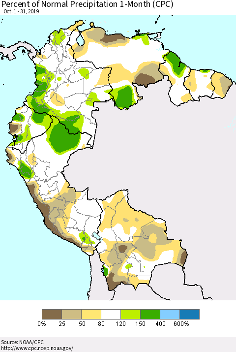 Northern South America Percent of Normal Precipitation 1-Month (CPC) Thematic Map For 10/1/2019 - 10/31/2019