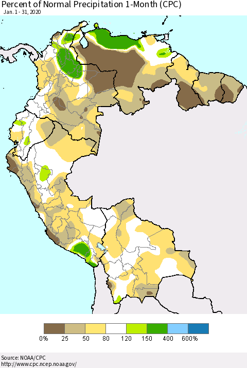 Northern South America Percent of Normal Precipitation 1-Month (CPC) Thematic Map For 1/1/2020 - 1/31/2020