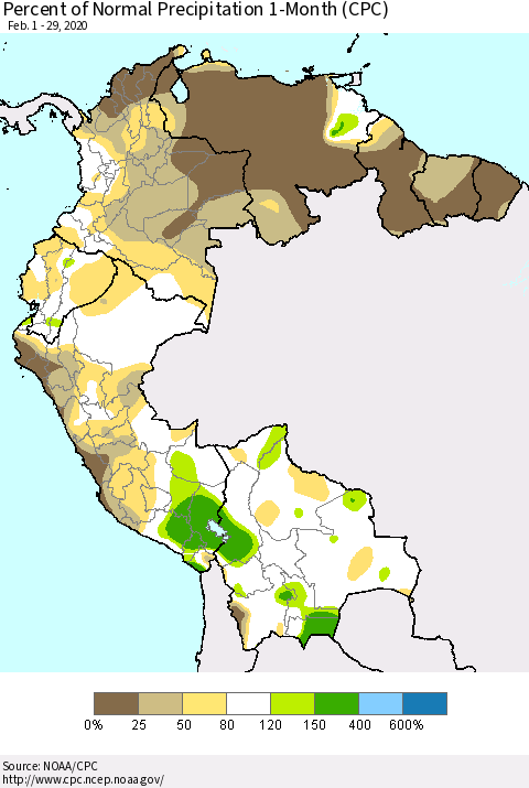 Northern South America Percent of Normal Precipitation 1-Month (CPC) Thematic Map For 2/1/2020 - 2/29/2020
