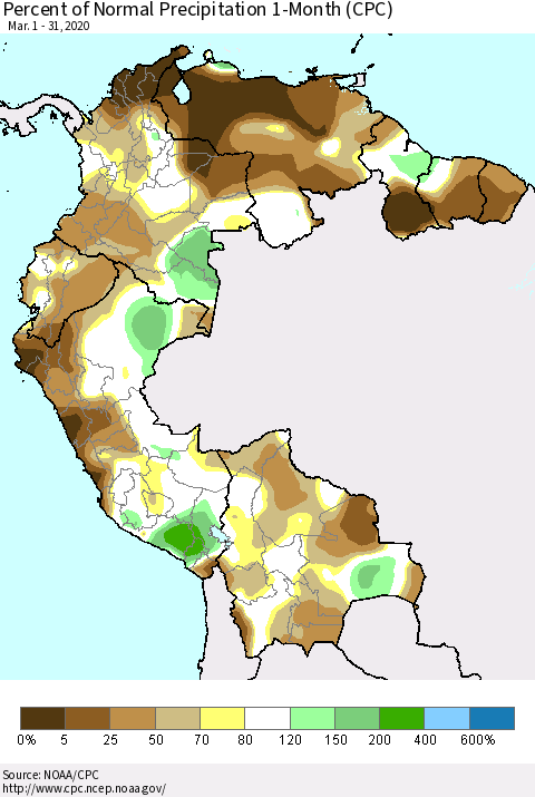 Northern South America Percent of Normal Precipitation 1-Month (CPC) Thematic Map For 3/1/2020 - 3/31/2020
