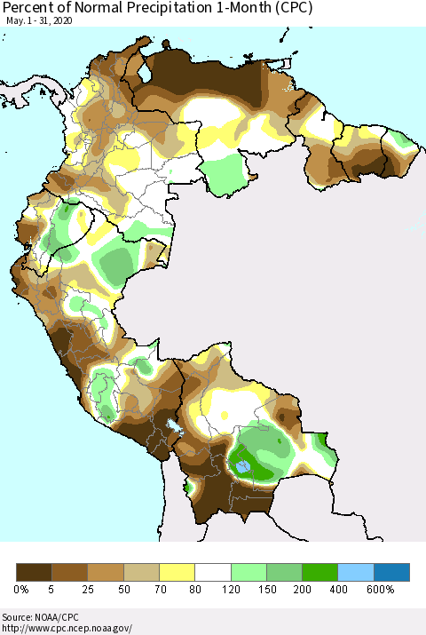 Northern South America Percent of Normal Precipitation 1-Month (CPC) Thematic Map For 5/1/2020 - 5/31/2020