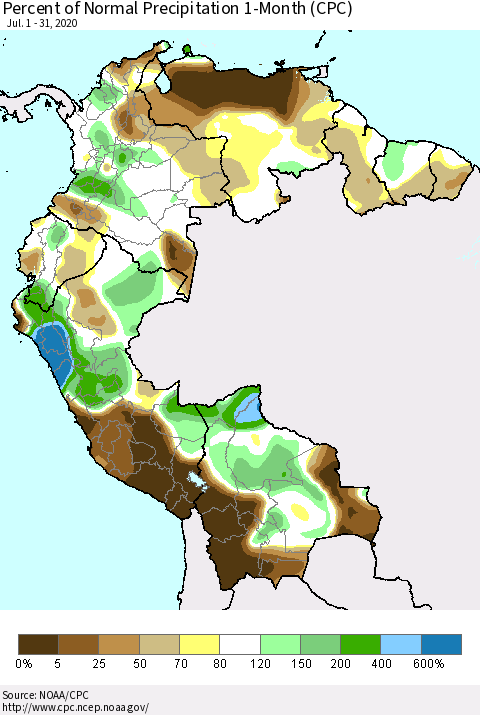 Northern South America Percent of Normal Precipitation 1-Month (CPC) Thematic Map For 7/1/2020 - 7/31/2020