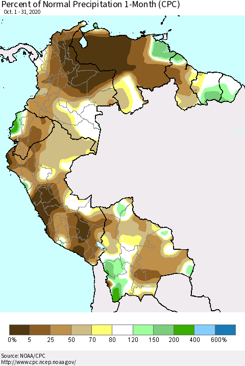 Northern South America Percent of Normal Precipitation 1-Month (CPC) Thematic Map For 10/1/2020 - 10/31/2020