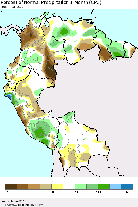 Northern South America Percent of Normal Precipitation 1-Month (CPC) Thematic Map For 12/1/2020 - 12/31/2020