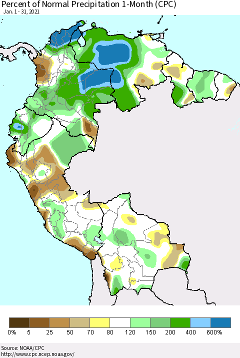 Northern South America Percent of Normal Precipitation 1-Month (CPC) Thematic Map For 1/1/2021 - 1/31/2021