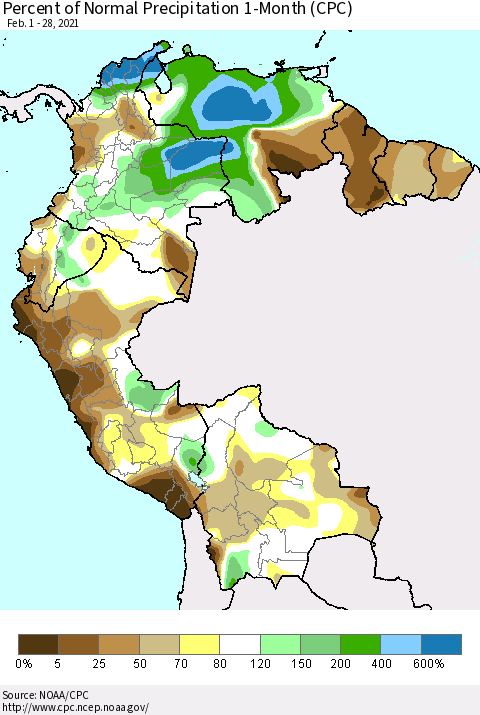 Northern South America Percent of Normal Precipitation 1-Month (CPC) Thematic Map For 2/1/2021 - 2/28/2021