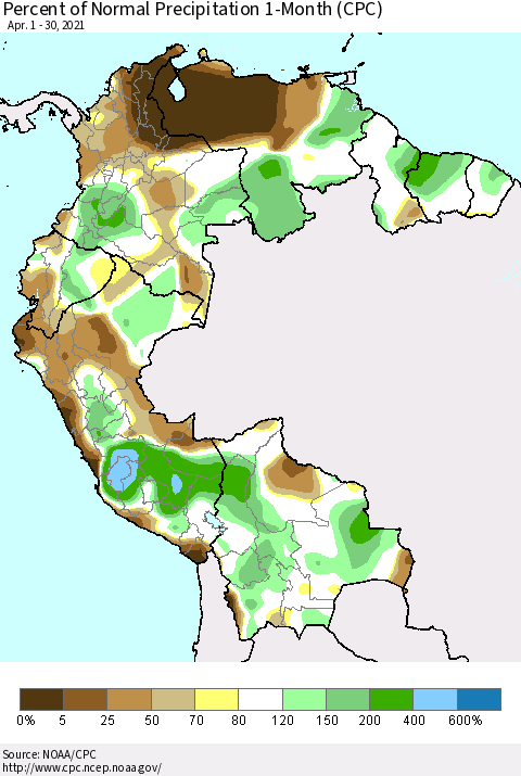 Northern South America Percent of Normal Precipitation 1-Month (CPC) Thematic Map For 4/1/2021 - 4/30/2021