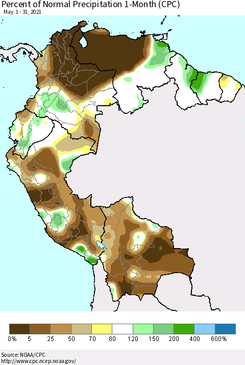 Northern South America Percent of Normal Precipitation 1-Month (CPC) Thematic Map For 5/1/2021 - 5/31/2021