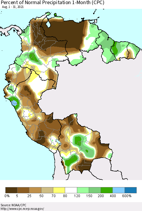 Northern South America Percent of Normal Precipitation 1-Month (CPC) Thematic Map For 8/1/2021 - 8/31/2021