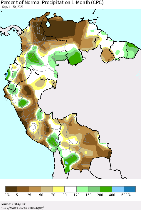 Northern South America Percent of Normal Precipitation 1-Month (CPC) Thematic Map For 9/1/2021 - 9/30/2021