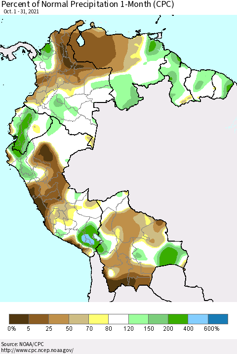 Northern South America Percent of Normal Precipitation 1-Month (CPC) Thematic Map For 10/1/2021 - 10/31/2021