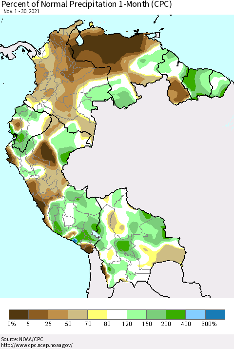 Northern South America Percent of Normal Precipitation 1-Month (CPC) Thematic Map For 11/1/2021 - 11/30/2021