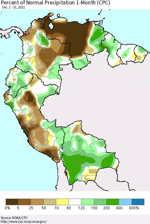 Northern South America Percent of Normal Precipitation 1-Month (CPC) Thematic Map For 12/1/2021 - 12/31/2021