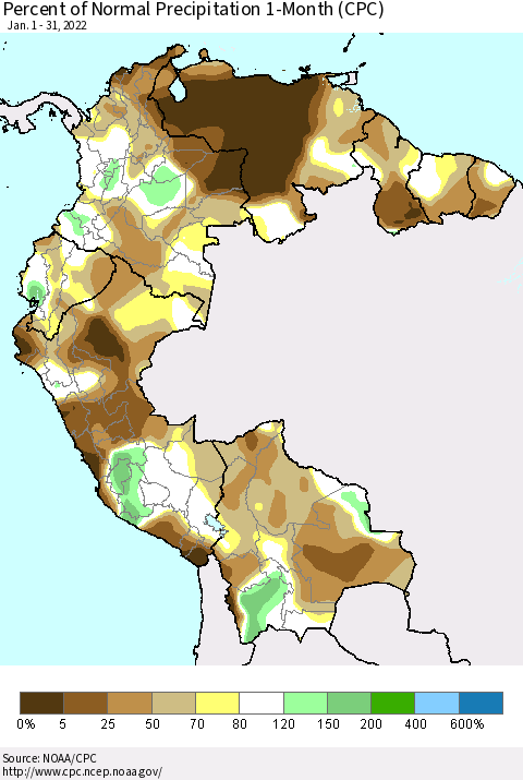 Northern South America Percent of Normal Precipitation 1-Month (CPC) Thematic Map For 1/1/2022 - 1/31/2022