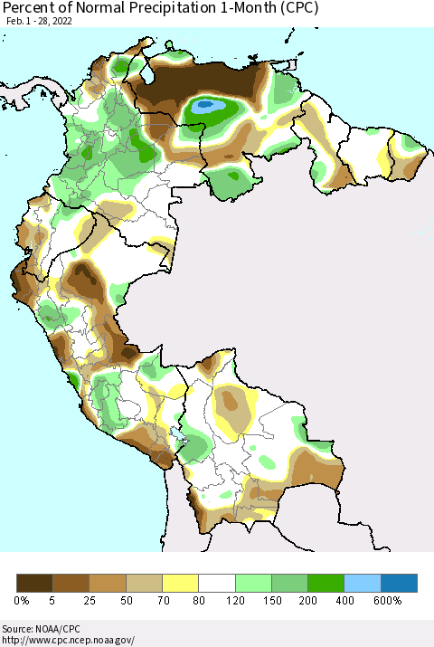 Northern South America Percent of Normal Precipitation 1-Month (CPC) Thematic Map For 2/1/2022 - 2/28/2022