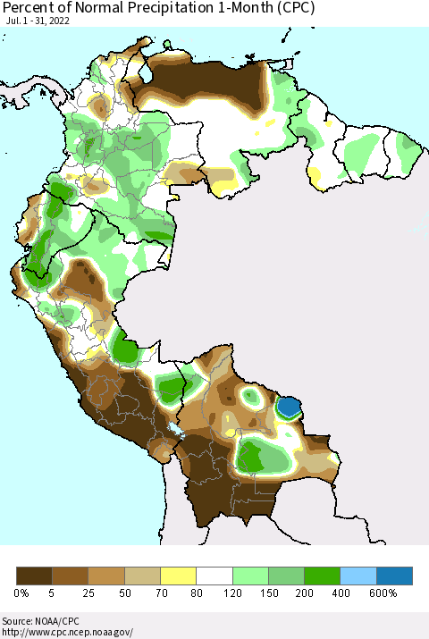 Northern South America Percent of Normal Precipitation 1-Month (CPC) Thematic Map For 7/1/2022 - 7/31/2022