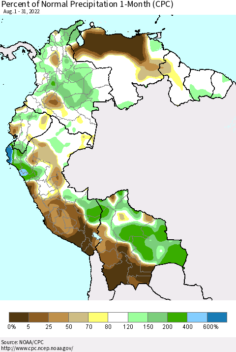 Northern South America Percent of Normal Precipitation 1-Month (CPC) Thematic Map For 8/1/2022 - 8/31/2022